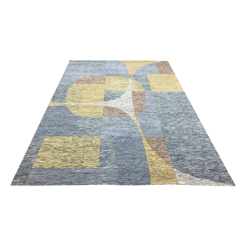 Wool Abstract Area Rug in Yellow/Gray/Brown, Rectangle 5' x 8'