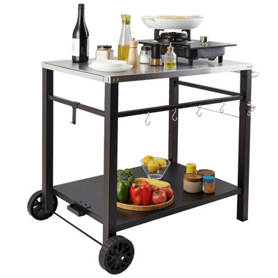 Chariot de salle à manger d'extérieur avec double tablette, table de préparation pour barbecue mobile, plateau multifonctionnel en acier inoxydable, chariots modulaires portables pour four à pizza, table de travail à 2 roues, poignée de transport