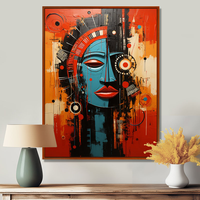 Ancienne beauté minime bleue et rouge - impression d'art mural africain, Cadre flottant brun, H 44 po x l 34 po x P 1,5 po