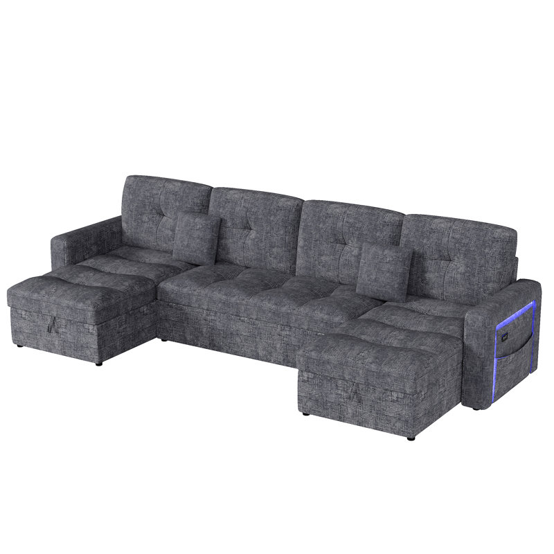 U-shaped Sleeper Sofa With Adjustable Backrest, Living Room Large Pull Out Sofa Bed With Charging Station And LED Lights, Chenille Gray