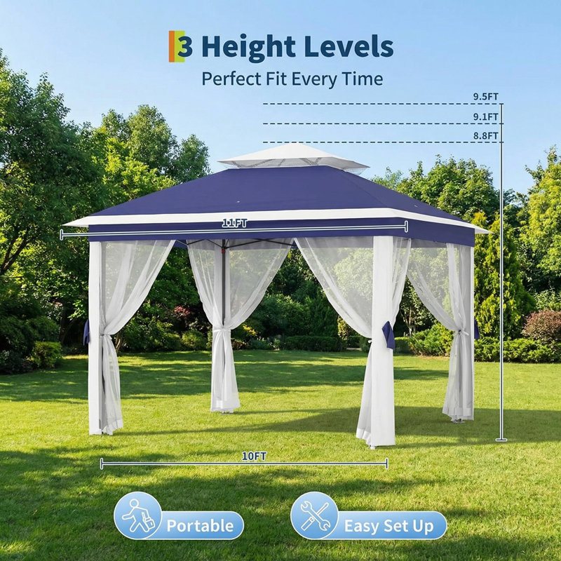 Pavillon de jardin extérieur 11 po x 11 pi avec double toit, Bleu