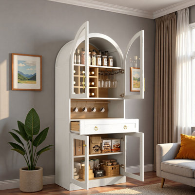 Armoire de bar Mid-Century arquée avec tablette réglable, grand tiroir, 5 crochets, 9 supports à vin, 3 porte-verres et portes en verre trempé