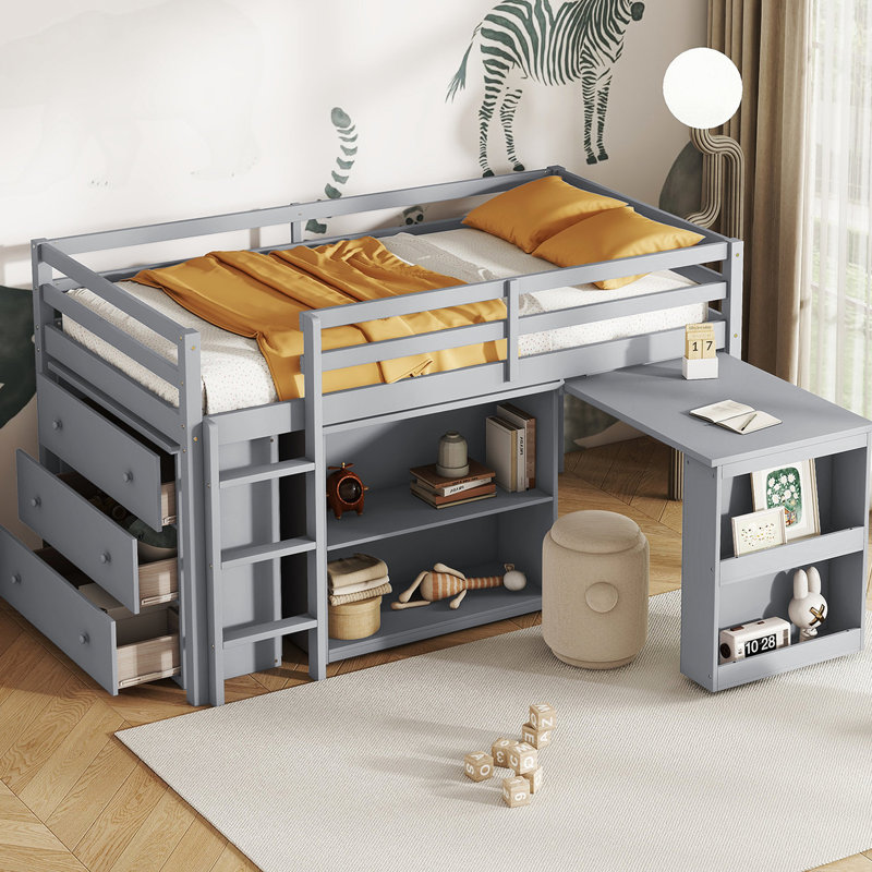 Lit mezzanine simple avec construction - tiroir, tablette, bureau, grand espace de rangement gris, Gris