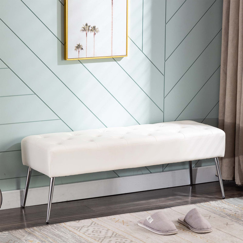 Faux Leather Upholstered Bench with Metal Legs, White