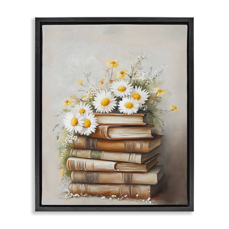Pile à livres avec cadre flottant marguerites, design par Arlington Prints, Cadre flottant noir de jais, H 21 po x l 17 po