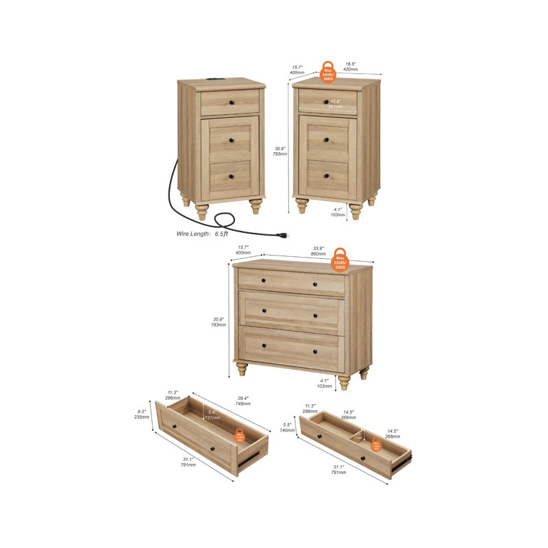 Ensemble de chambre à coucher 2 pièces, une commode 3 tiroirs et un ensemble de 2 tables de chevet, chêne