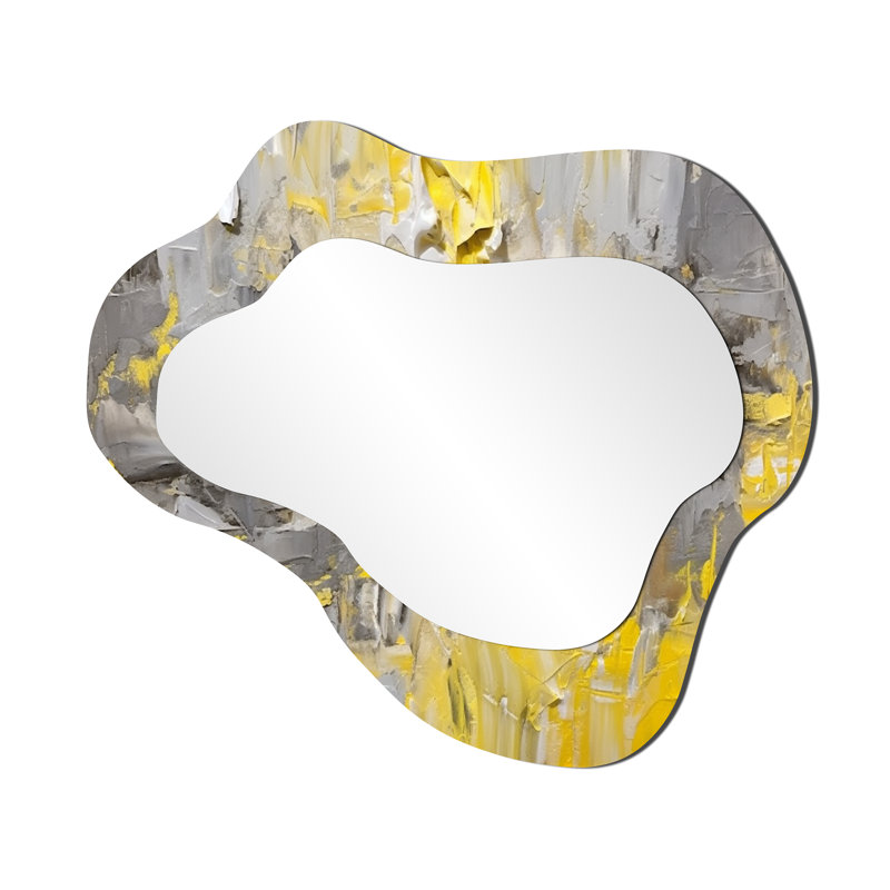 Intense réverbération jaune gris - grand miroir mural abstrait peinture, miroir décoratif asymétrique jaune, impression sur métal