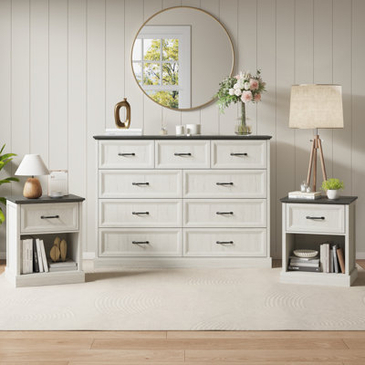 3 Piece Bedroom Set - 9 Drawer Dresser And 2 Nightstands With Drawer,Ivory White