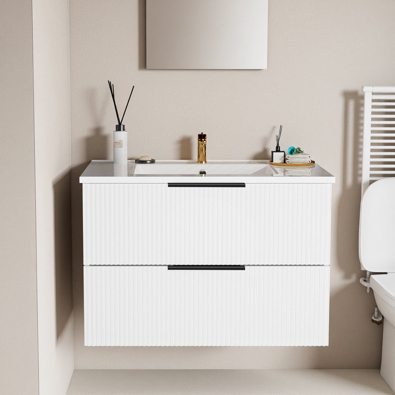 ​​30 Inch Wall Mounted Floating Vanity Bathroom Vanity Cabinet with Ceramic Sink​, White