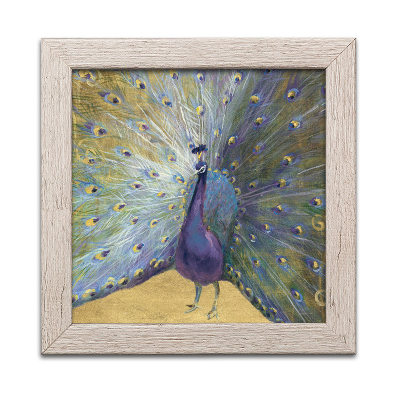 «Purple and Gold Peacock», reproduction de peinture acrylique, H 12 po x l 12 po x P 1,5 po, Papier encadré patiné