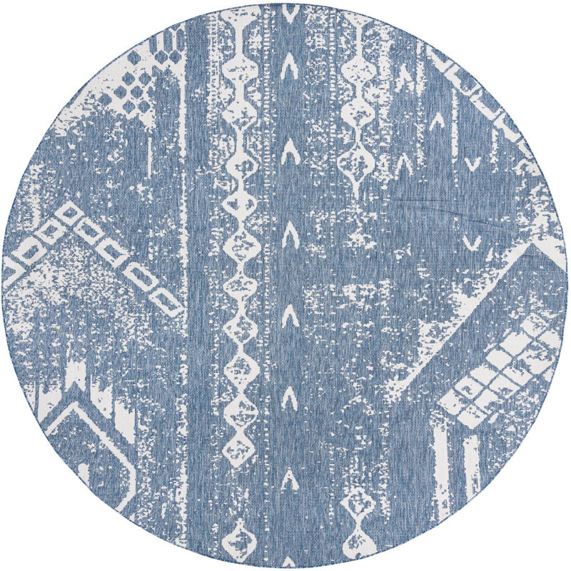 Bonnetta Geometric Machine Woven Polypropylene Indoor / Outdoor Area Rug in Blue/Ivory, Round 13'