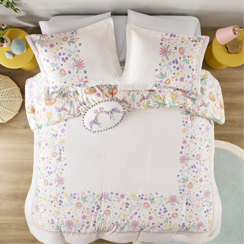 4 Piece Full/Queen Purple Floral Reversible Cotton Comforter With Tiger And Elephant Jungle Print - , Machine Washable Pcs Fabric