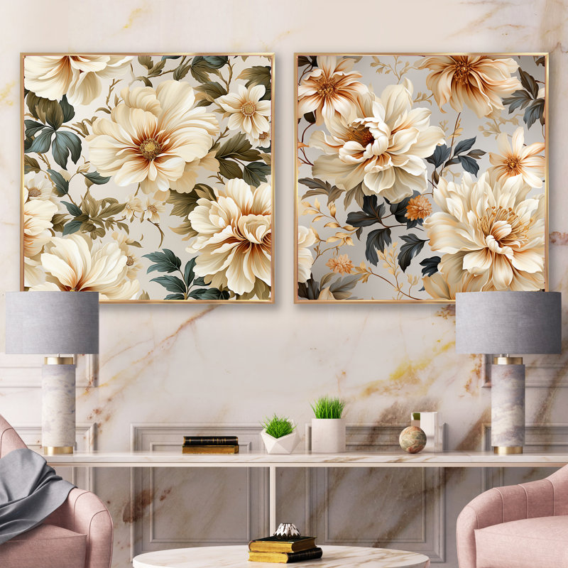 Loucas - Ensemble de 2 collages floraux carrés, H 16 po x l 33 po, Cadre flottant doré