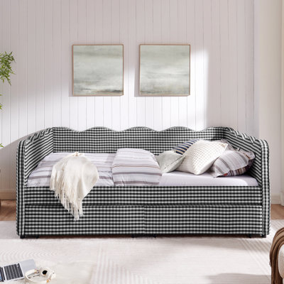 Grand lit de jour avec deux tiroirs de rangement, charge, forme ondulée et lit en lin - pour la chambre à coucher