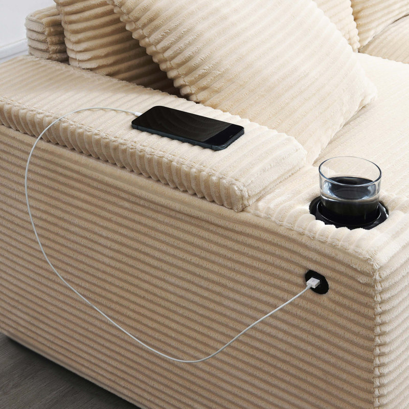 Canapé modulaire en L 104 po convertible gris en velours côtelé, canapé d'angle avec rangement pour accoudoirs, porte-gobelets et chargeur USB, coin irrégulier, canapé modulaire surdimensionné et confortable pour le salon et l’appartement