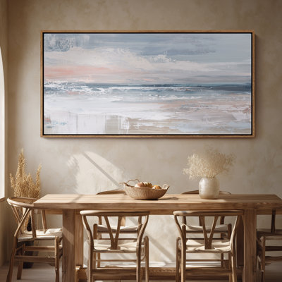 Large Framed Canvas Wall Art - Abstract Soft Blue and Peach Ocean Waves - 60"x20", 60"x30"
