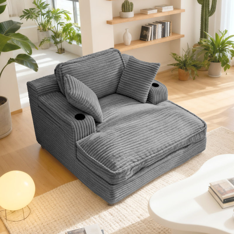 Oversized Cloud Chaise Lounge With Cup Holders & Side Pocket, No Assembly Required, Corduroy, Gray