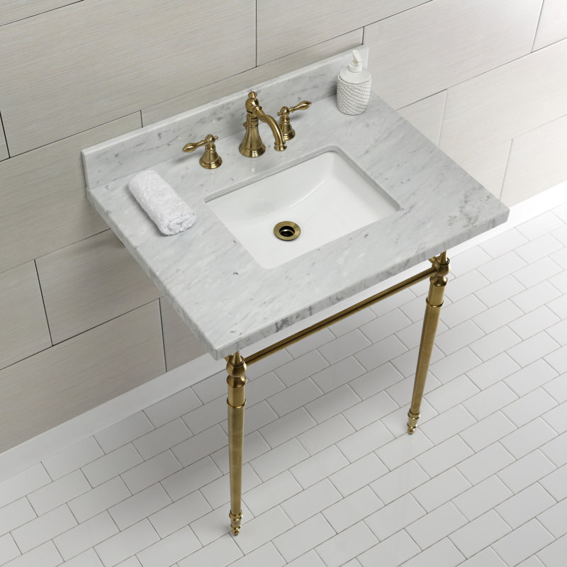Kingston Brass Edwardian 30-Inch Carrara Marble Console Sink with Brass Legs (8-Inch, 3-Hole), Marble White/Brushed Brass