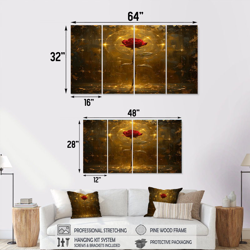 «Celestial Red Rose Magical Gold» - ensemble de 4 décorations murales roses, H 32 po x l 64 po
