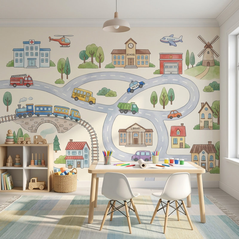 Murale Town, véhicules, bâtiments, Peler et coller, 200 po x 120 po