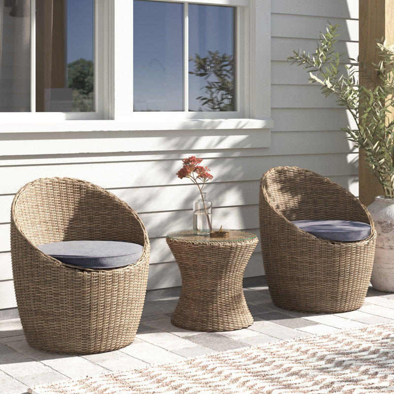 Jakeem Modern Style All-Weather Wicker Outdoor Set, 2 Chairs With Cushions and 18"H Cocktail Table