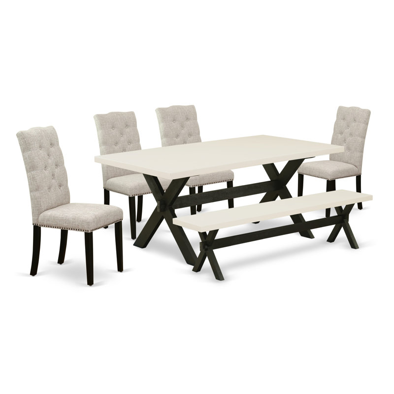 L'ensemble de table de salle à manger 6 pièces contient une table de salle à manger rectangulaire avec pieds en X et 4 chaises Parson en tissu de lin avec un banc, noir brossé