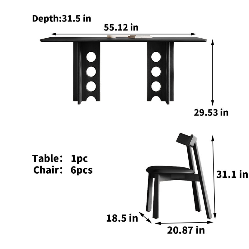 Modern Simple Rectangular Solid Wood Dining Table 6 - Person Double Pedestal Dining Set, 29.53"H x 55.12"L x 31.5"W