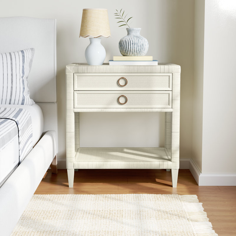 Warwick 2 - Drawer Wicker Nightstand, Antique Frost White, Satin Brass