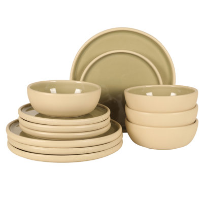 Gibson Elite - Fabriqué au Portugal - Port Gaia 12 pièces (service pour 4) Assiettes et bols Vaisselle en grès céramique réactive - Olive
