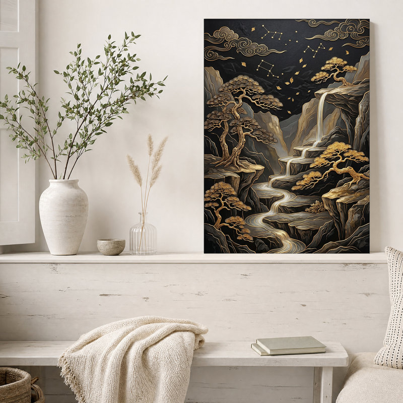 Art mural sur toile, "Golden pins" et cascade avec constellations, H 30 po x l 20 po