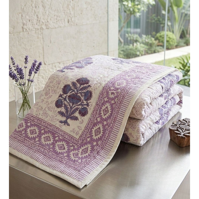 100% Cotton Muslin Reversible Comforter | Hypoallergenic Jaipur Hand Block Print, Purple, Queen
