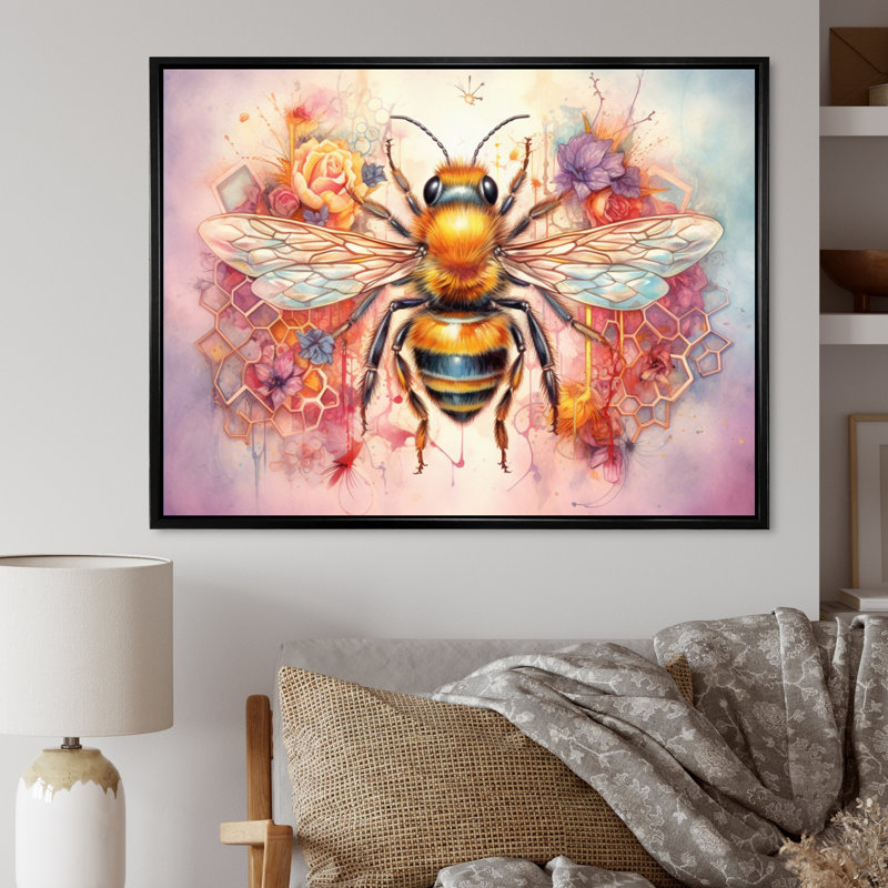 Floral Bee I - impressions sur toile, H 16 po x l 32 po x P 1 po, Cadre flottant noir