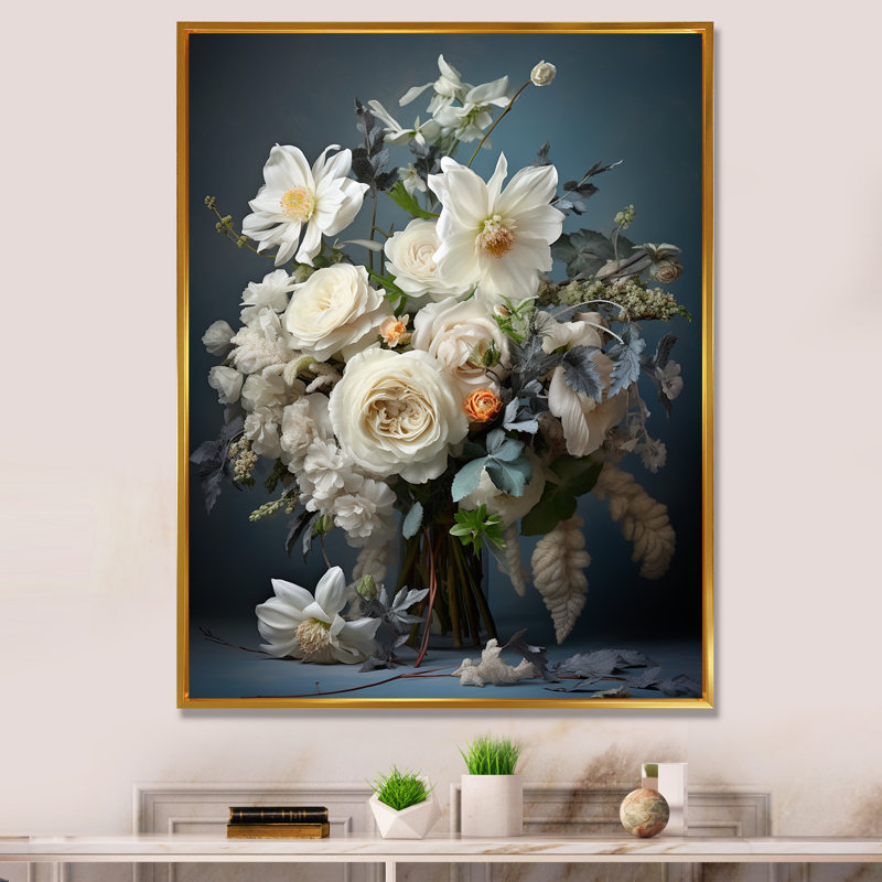 Captola blanc bleu saisonnier fleurs Seasonal Elegance II - impression, H 32 po x l 16 po x P 1 po, Cadre flottant doré