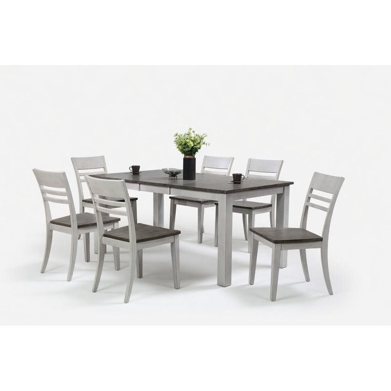 Ensemble de salle à manger 7 pièces rectangulaire en bois massif avec rallonge papillon blanc et gris (pour 4 à 6 personnes)