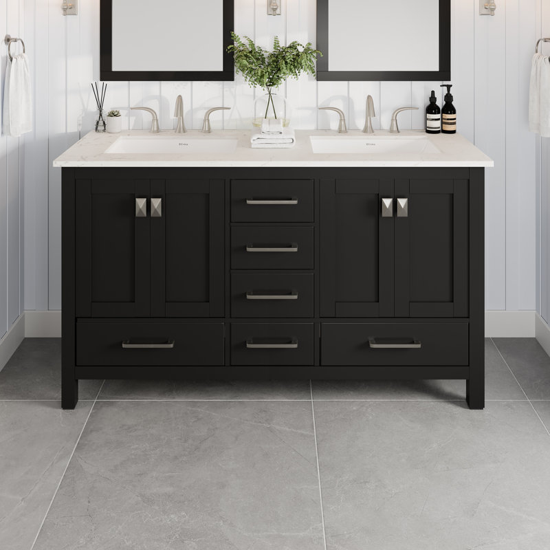 Ensemble de meuble-lavabo à double cuve espresso 60 po x P 22 po Minnich, Quartz - blanc de Carrare
