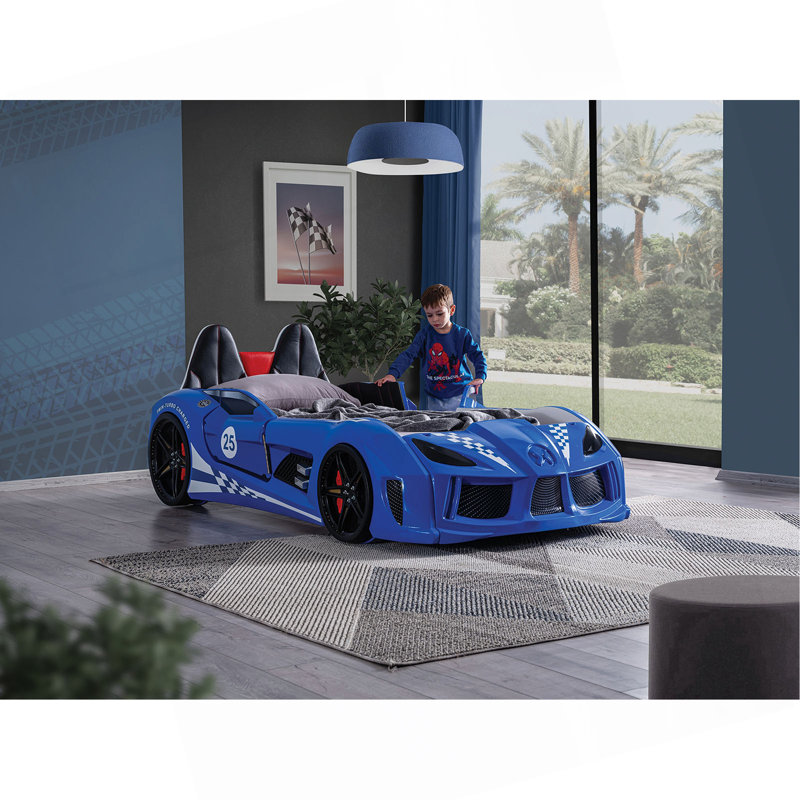 Twin Size Bed Race Car Design Modern Novelty Style Attached Two Magnetic Doors With LED Lights On Wheels And Bottom Upholstery Headboard Blue Finish