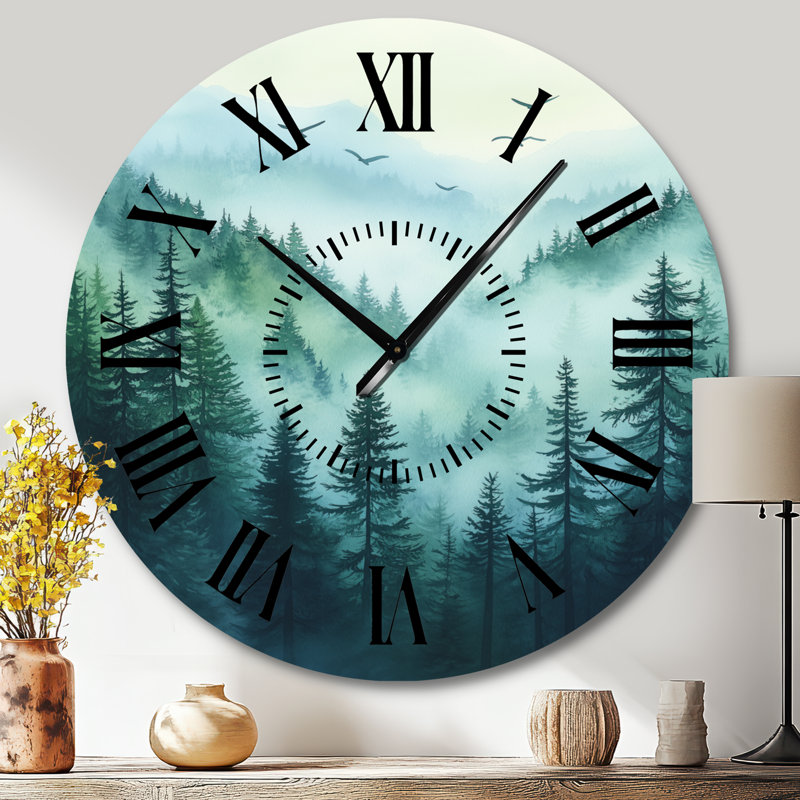 Horloge murale en métal représentant un paysage de la forêt nationale de Banff au Canada - Brume matinale, Grand