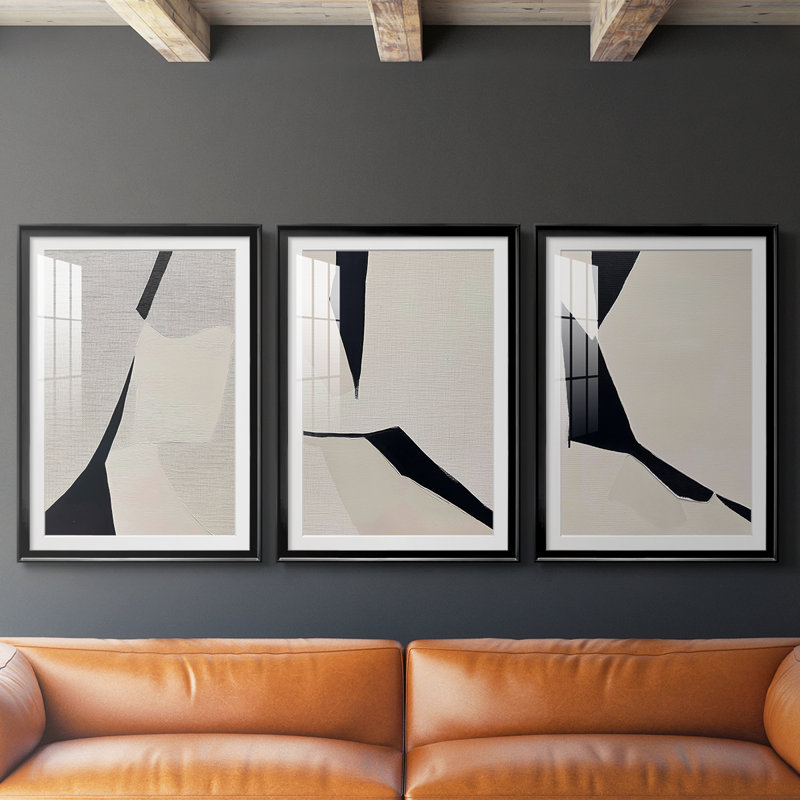 ABSTRACT Series DCXLI - Impression sur mesure encadrée de qualité supérieure - 3 pièces, H 27 po x l 57 po, Noir