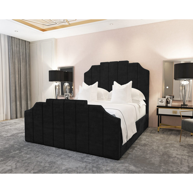 Annalei Regal Velvet Upholstered Bed Frame - Shaped Headboard, Chrome Feet, Black, Double (4'6)
