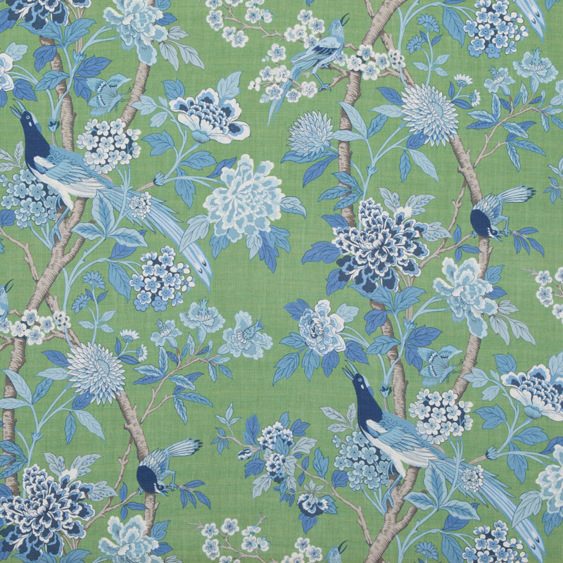 Chifu Hydrangea Bird Archive 100% Linen Performance Fabric, Emerald/Blue