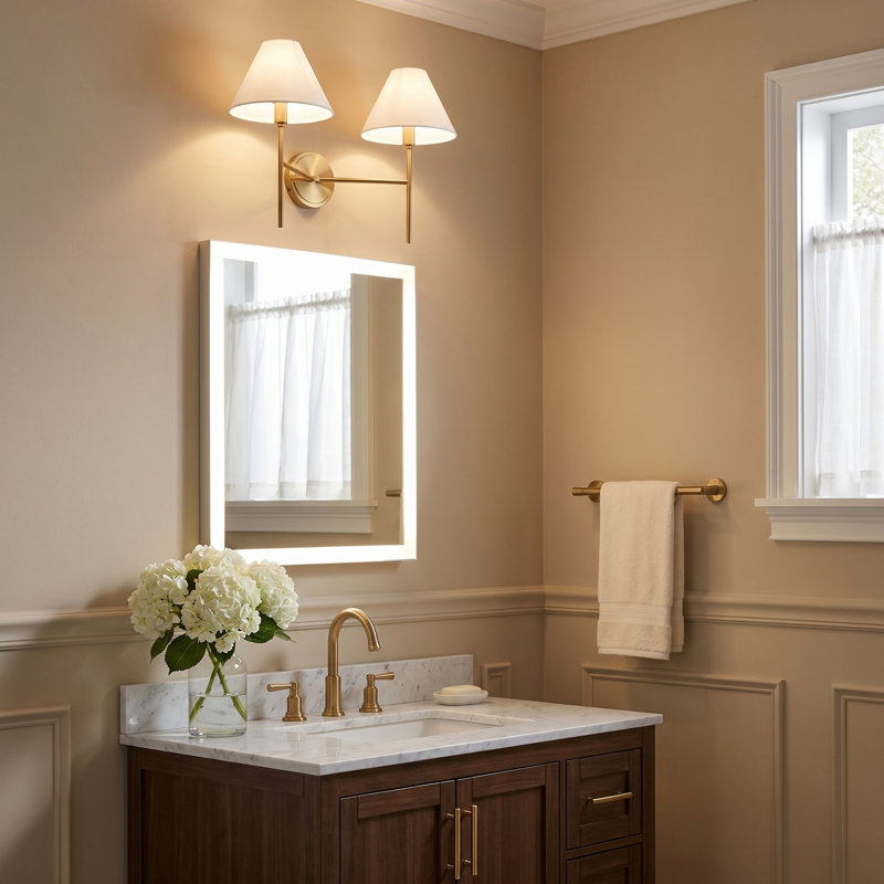 Chapman & Myers Ridgewood Bathroom Bedroom Wall Fixture With White Linen Shade, 14.25" H x 19" W x 9.375" D, Burnished Brass