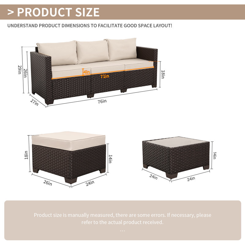 Wicker Patio Furniture Patio Couch 3 Pieces Outdoor Sectional With Ottoman And Outdoor Glass Table Weathering Anti-slip Cushions Furniture Covers, Khaki