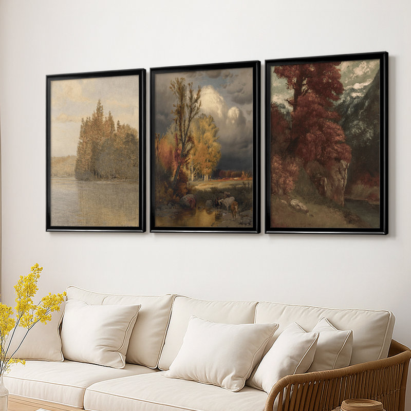 Paysage rétro CLXV III - Toile tendue avec châssis sur mesure - 3 pièces, H 15 po x l 19 po, Noir
