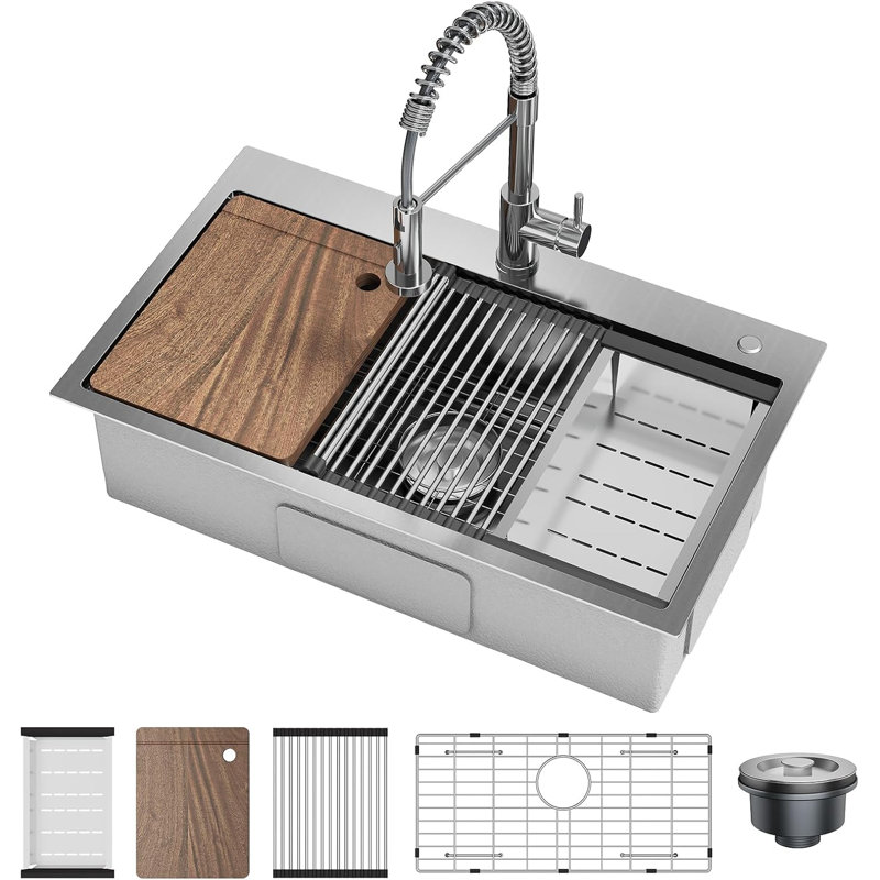 Stainless Steel Drop in Kitchen Sink 30x18x9 Inch with Pull Down Spring Faucet, Single Bowl Workstation Sink for Home Kitchen