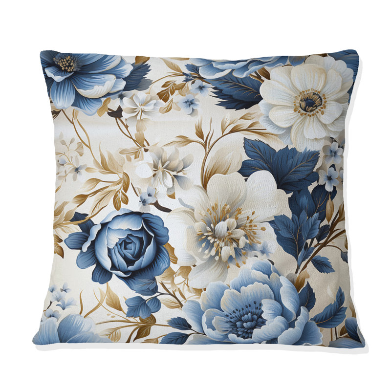 «Blue and White Exotic Floral Canvas» - Coussin décoratif imprimé floral, H 16 po x l 16 po
