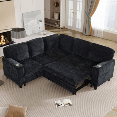 L-Shaped Sofa with Pull Out Sofa Bed, Sleeper Sofa Couch Bed with Storage Seat, 5 Seat Sectional Sofa Bed with USB, Sectional Sofa Couch for Living Room, Apartment