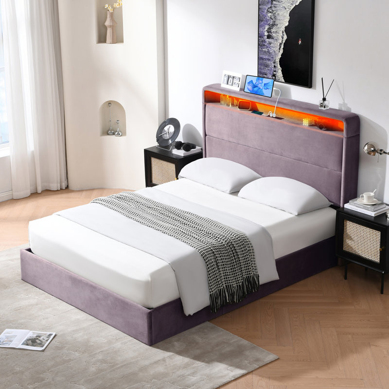 Lit plateforme tapissier avec rangement Braya, Double, Mauve pâle 