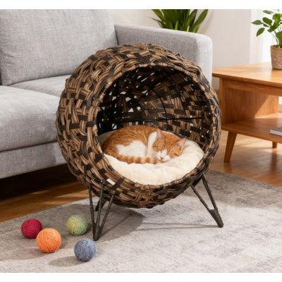 Hand-Woven Rattan Elevated Cat Pod with Tripod Stand and Soft Plush Cushion, Enclosed Kitten Nest for Small Cats Under 11 Pounds