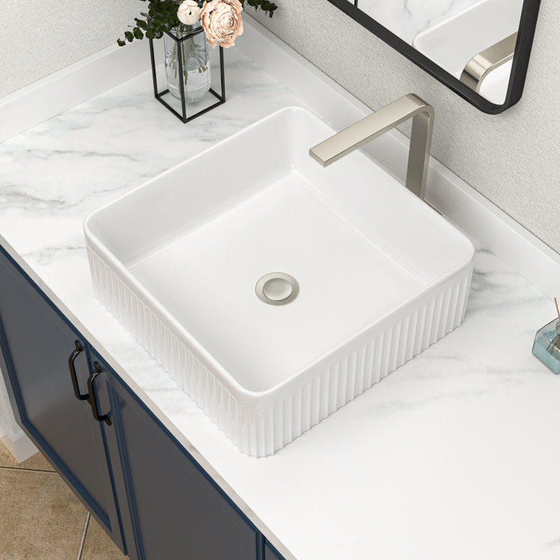 15.69" White Ceramic Square Vessel Bathroom Sink