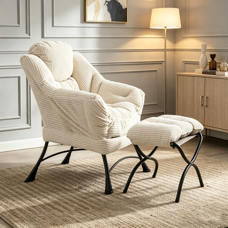 Fauteuil Lazy avec repose-pieds, fauteuil d'appoint moderne avec accoudoirs et poche latérale, Blanc